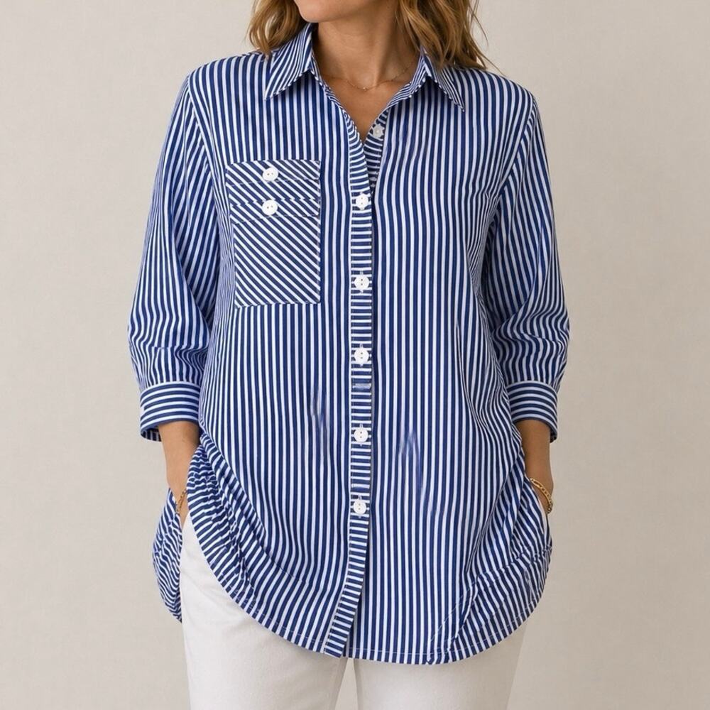IC by Connie K Medium Blue White Wearable Art Unique Blouse Shirt Top Artsy